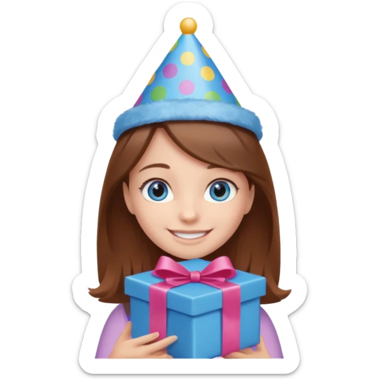 smiling girl with brown hair and blue eyes, holding a present and wearing a birthday hat sticker