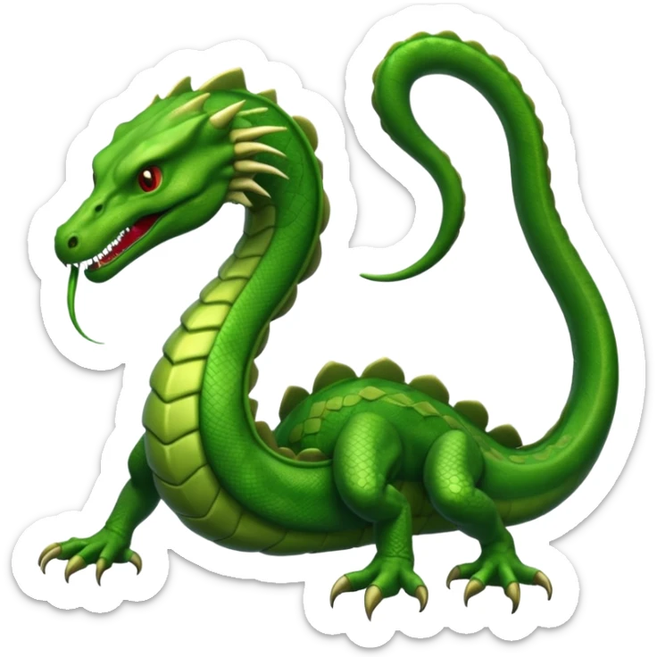 Create a single emoji of a Hydra in full body: a muscular reptilian creature with four legs, a tail, and multiple serpent heads on long necks. No wings, not worm-like. Slight side angle, stylized like an emoji, clearly recognizable. No background.
 sticker