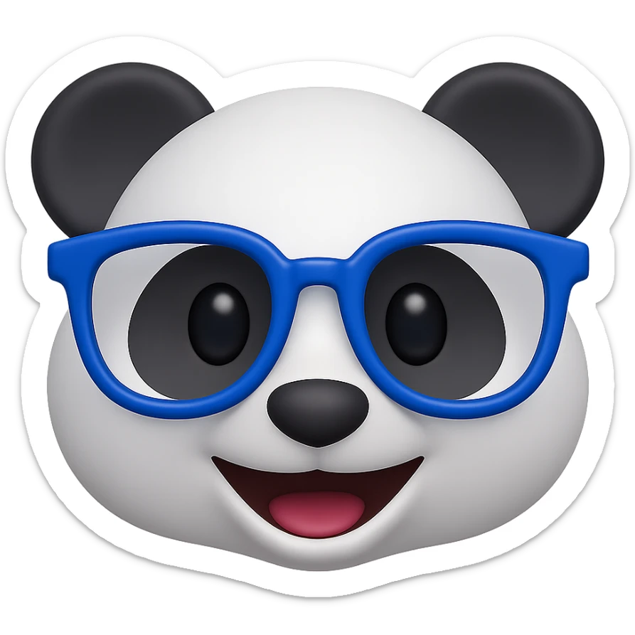 Create a 3D emoji of a panda face inspired by the classic panda emoji style, wearing stylish designer glasses in IK blue. The look should be playful and modern with a smooth 3D finish. Remove the background. sticker