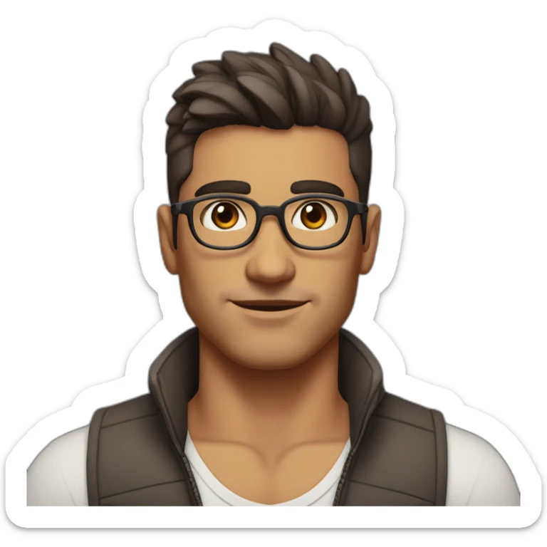 male, low fade hair with tufts, tan skin color, brown eye color, sharp nose, slightly large eyes, slightly thick eyebrows, wearing a vest, wearing glasses sticker