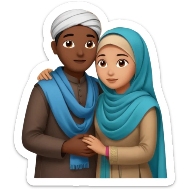 An emotional artistic illustration of an Indian man and an Afghan hijabi girl standing on the maps of India and Afghanistan, symbolically embracing each other  from in front side  despite the distance, showing love beyond borders. sticker