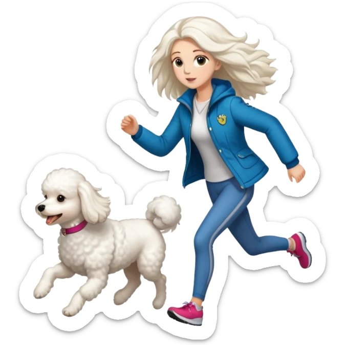 A beautiful tall girl with fair skin and long hair wearing a jacket and running with a Bichon Frise sticker