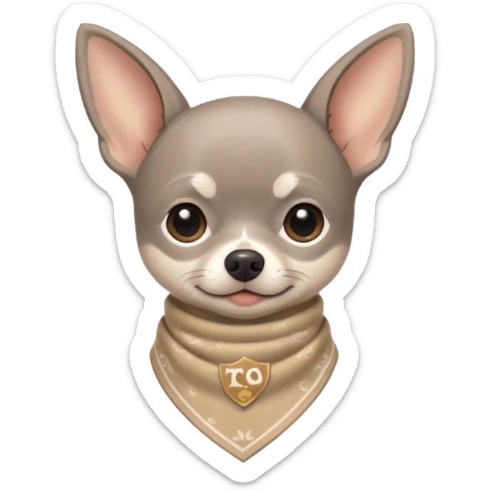 Make a Gray Chihuahua wearing a earthy tone bandana around the neck with the logo TCO on the bandana sticker