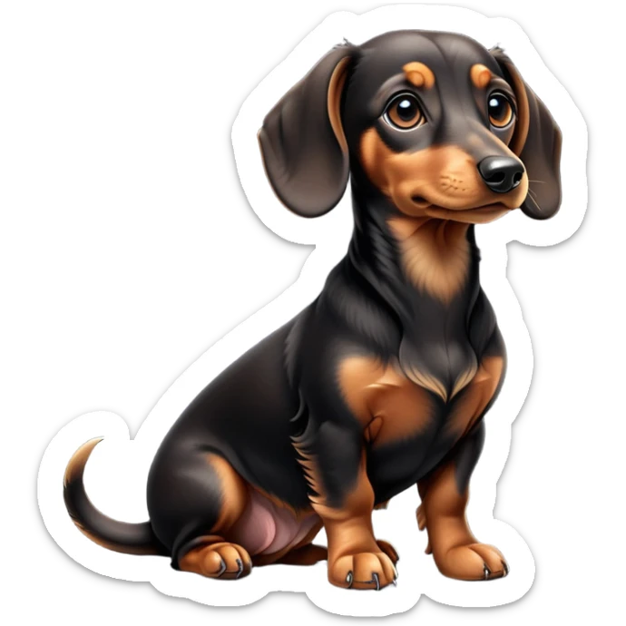 cinematic-[dachshund dog]-realistic-full-body-sitting-emoji,-tail-resting-loosely-beside-its-paws,-head-tilted-dramatically,-sleek-[black and tan]-fur,-simplified-yet-realistic-focused-features,-highly-detailed,-glowing-with-an-almost-sarcastic-glow sticker