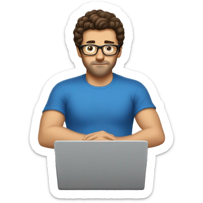 white guy dark brown hair brad pit style and square glasses typing in laptop wearing blue t-shirt no beard sticker