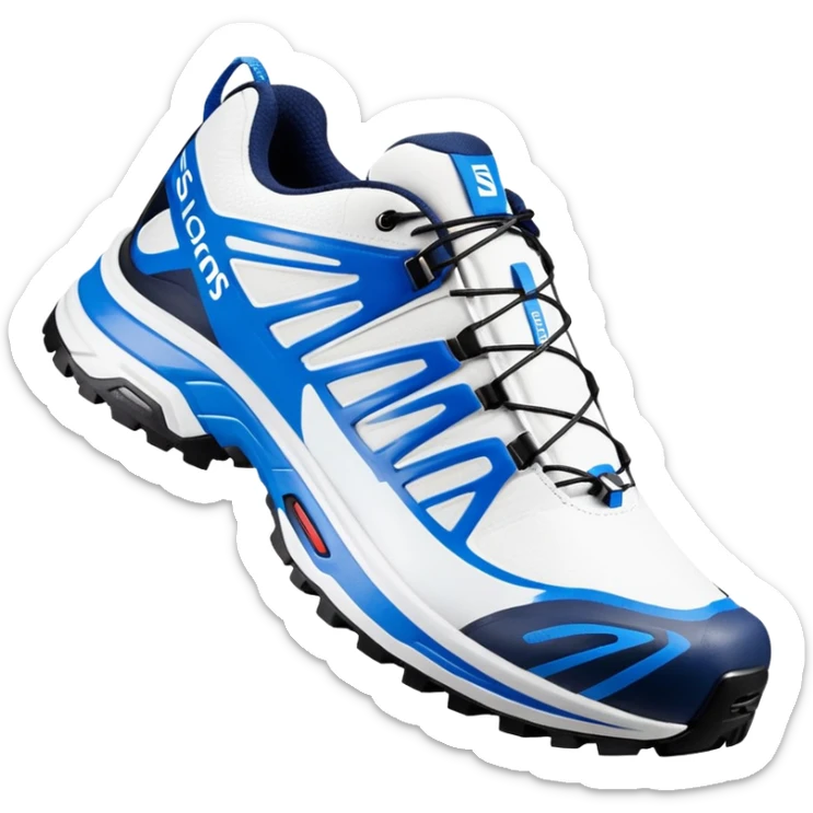 Minimalist white Salomon XT-6 with blue signature Salomon stripe across the middle, one positioned behind the other, iOS emoji style, completely white except for the distinctive colored middle stripe sticker