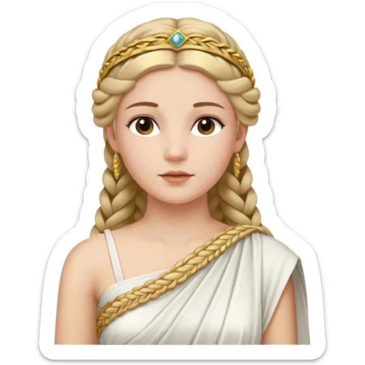 An emoji portrait of an ancient Roman princess. She wears a white stola dress with a gold-trimmed palla draped over her shoulders. She has an intricate braided hairstyle adorned with a delicate gold diadem. Her expression is calm and dignified. sticker