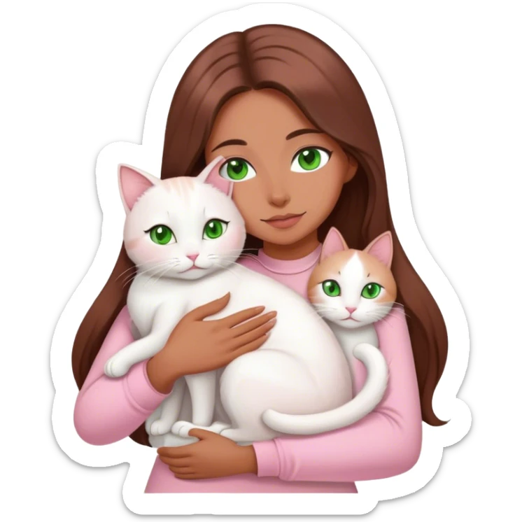 woman with very long brown hair and green eyes in a light pink outfit hugging a white cat sticker