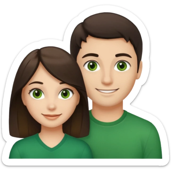 A girl with green eyes and dark hair with her boyfriend with light brown eyes and dark blonde hair and a cavanhaque sticker