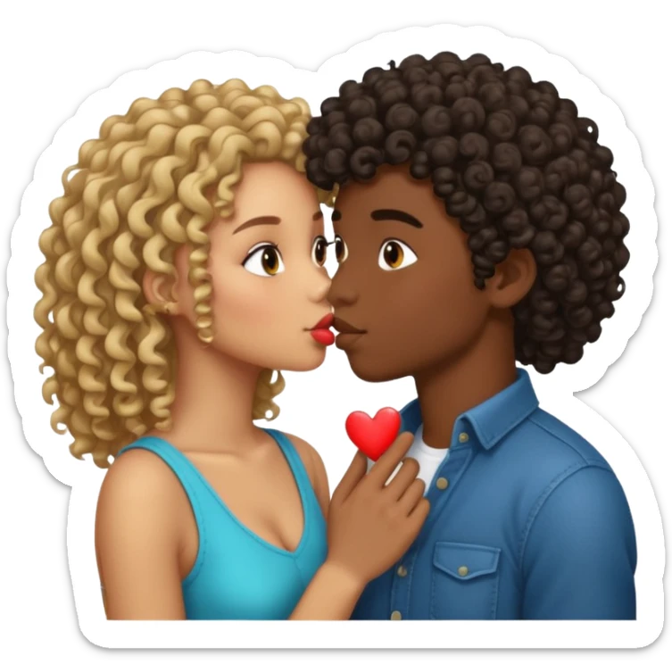 Lightskin boy with curls and a dark skin girl with straight hair kiss sticker
