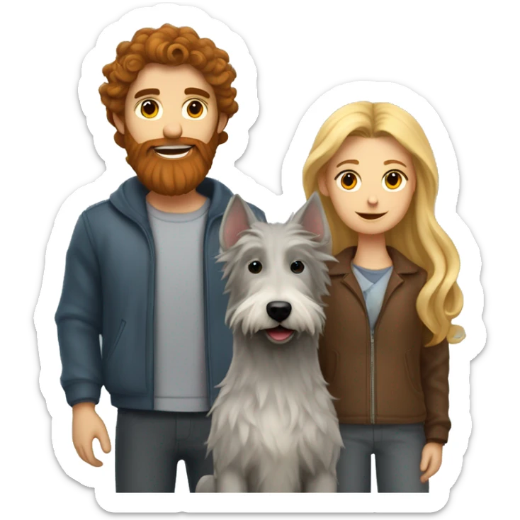 Brunette curled hair girl next to gray wolfhound and blond boy with red beard sticker