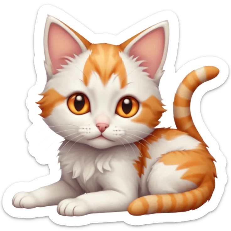 full body of very small + skinny ginger and white kitten with deep orange eyes and triangular shaped face lying down with bent front paws sticker