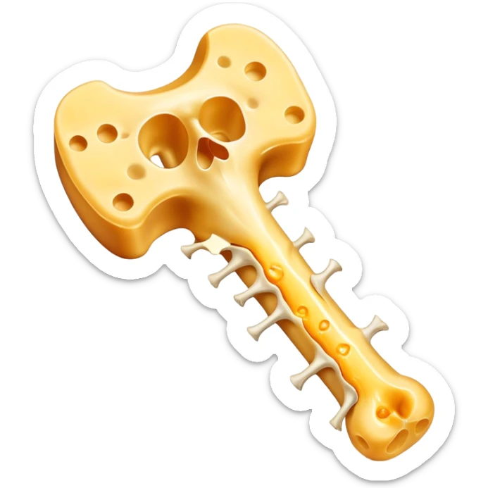 Shredded cheese emitting ethereal golden glow toward a femur bone that shows a healing process with bright golden spots. A luminous K2 vitamin symbol floats nearby, directing the healing energy from the cheese to the specific healing points on the bone. sticker