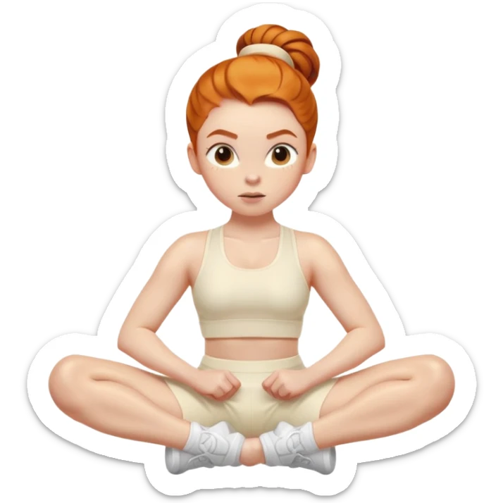 Gen z Ginger girl gym crunches middle part slick back bun cream outfit sticker