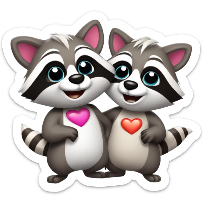 Two male cartoon raccoons in love with hearts above their heads sticker