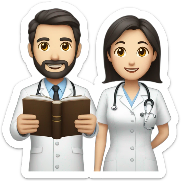middle age american man with dark brown hair with trimmed beard wearing a suit holding a bible, beside woman asian middle age with black shoulder length hair wearing a nurse uniform sticker