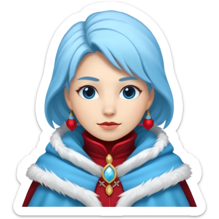Fantasy human emoji portrait, simple winter mantle with icy blue fur trim and crimson inner fabric, northern winter aesthetic, calm heroic expression, clean flat emoji design, female variant
 sticker