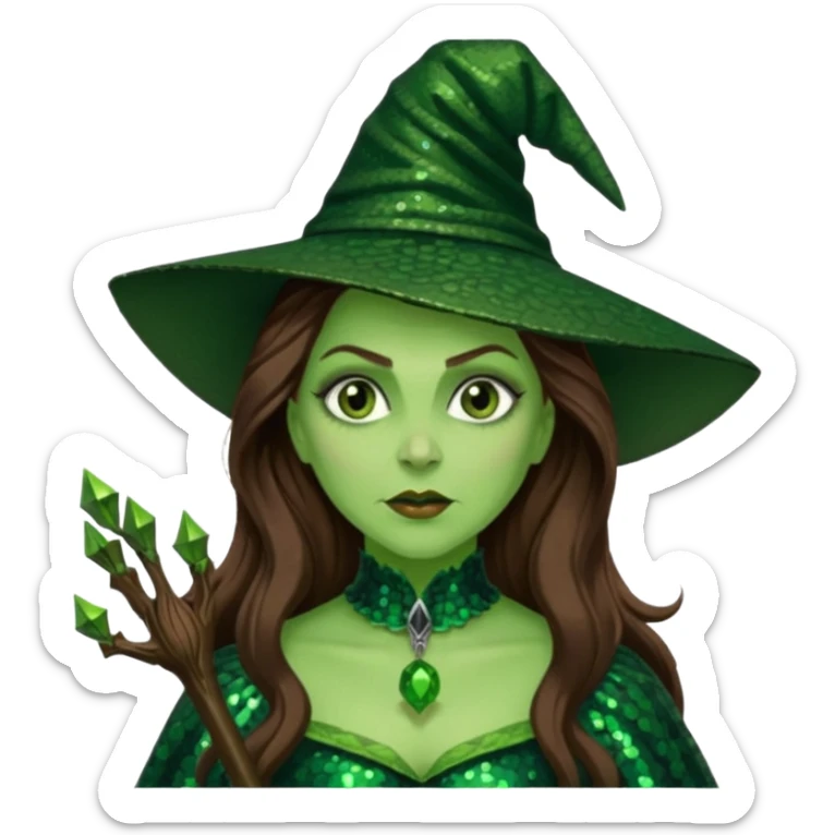 Wicked Witch of the West from the Wizard of Oz with long brown hair, dark green sequin outfit, green skin sticker