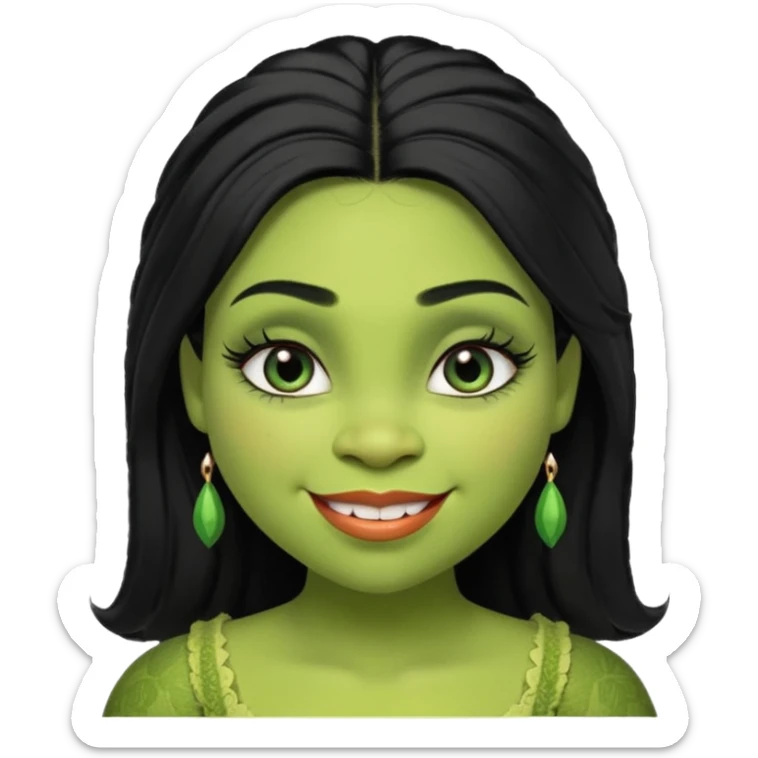 A beautiful girl Shrek, who has big eyelashes and had black hair. She has some makeup on too. She is dressed very very trendy. And she is smilingl. sticker