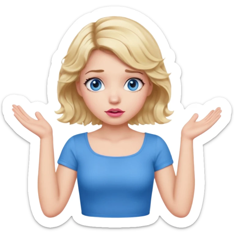 Girl Blonde short wavy hair,  blue eyes, cute blue top, long lashes, pink lips, confused, shrugging hands raised sticker