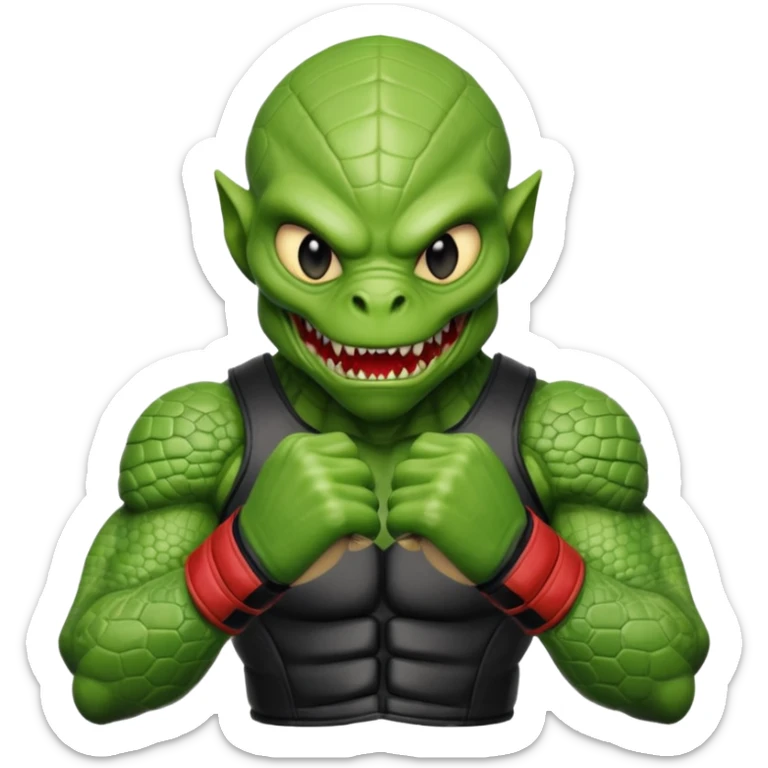 reptilian alien MMA fighter portrait, head and shoulders only, scaled skin, sharp teeth, fighter gloves, battle-ready expression, 3D cartoon, mobile game icon style, clean background, no text, no watermark
 sticker
