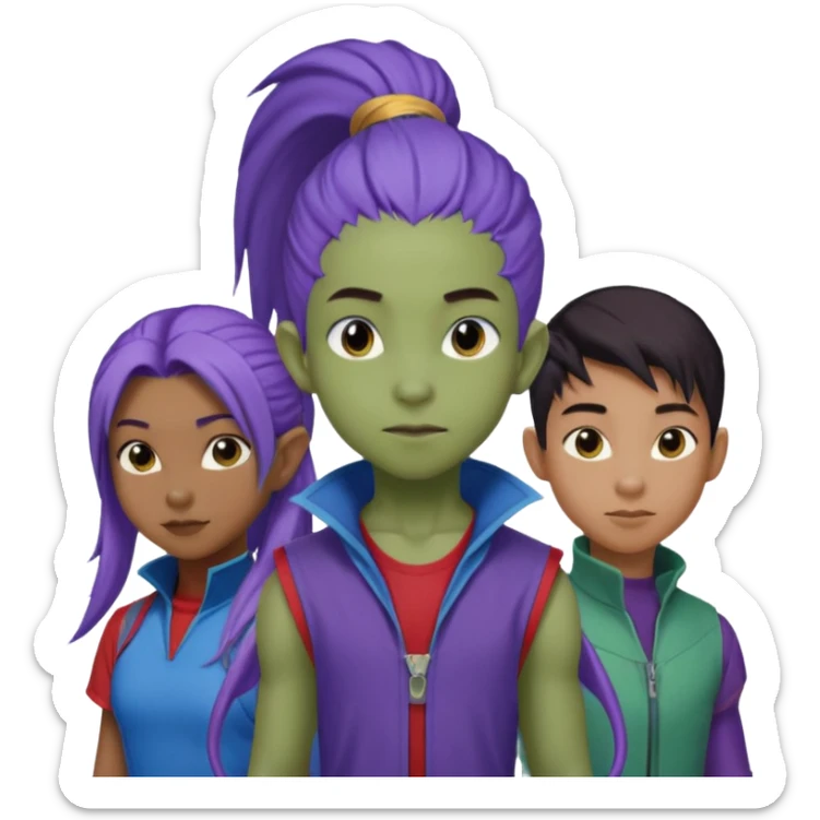 Solo poly platonic relationship, one African girl, one Asian boy, one biracial features Asian tomboy girl rat-tail hair long and upper masculine hair 90s, vampire and marvel cosplay elements inspired  use marvel race, like instead of obvious human, green purple blue etc,  sticker