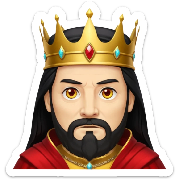 


an old king with yellow skin, red eyes, 60 years old, black hair, black beard, wearing a crown, red robe, fierce face, baron/lord vibe, longer hair cover the face, add scar
 sticker