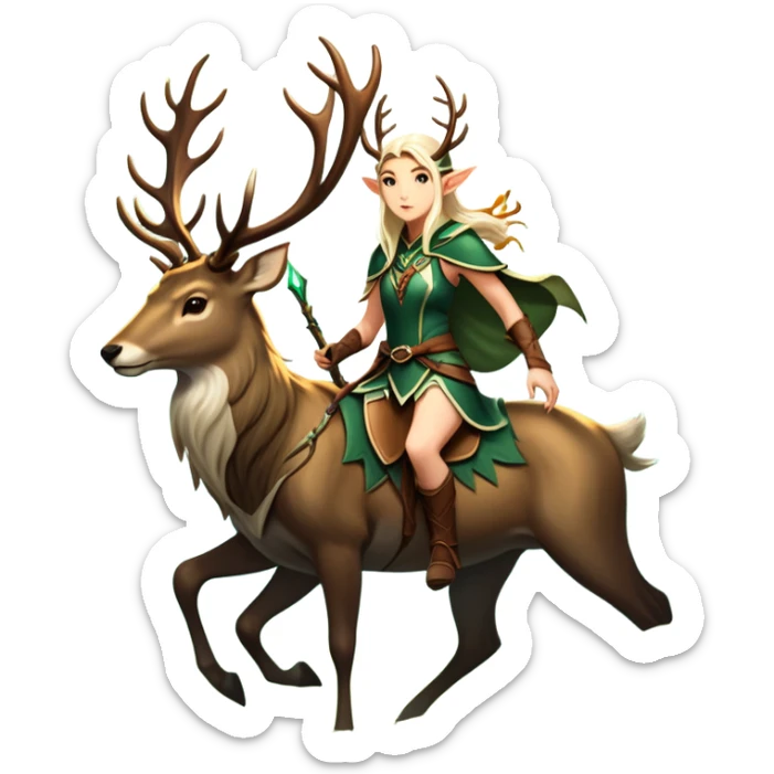 An icon representing an adventure game, inspired by high-fantasy RPGs. The design features a swift and agile elven ranger riding a majestic stag through an ancient forest, its antlers glowing faintly with mystical energy. Sunlight filters through towering trees, creating a sense of mystery, nature, and adventure. Transparent background. sticker
