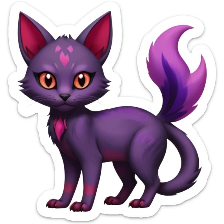 Black edgy cute demonic realistic pretty beautiful sleek Noibat-Purloin-Torracat-Lykoi-Caracal-cat-Fakemon-fusion-hybrid-creature with violet and red scale markings sticker