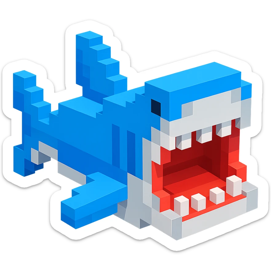 voxel style shark, open mouth, blocky, blue and silver, no background sticker
