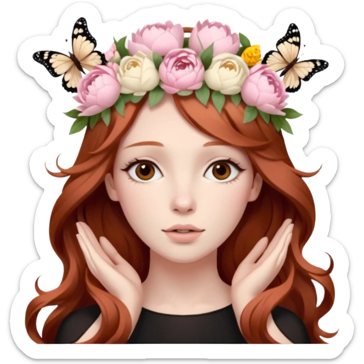 Woman with long flowing auburn hair wearing a pastel flower crown with pale pastel pink peonies and cream colored roses and butterflies in it sticker