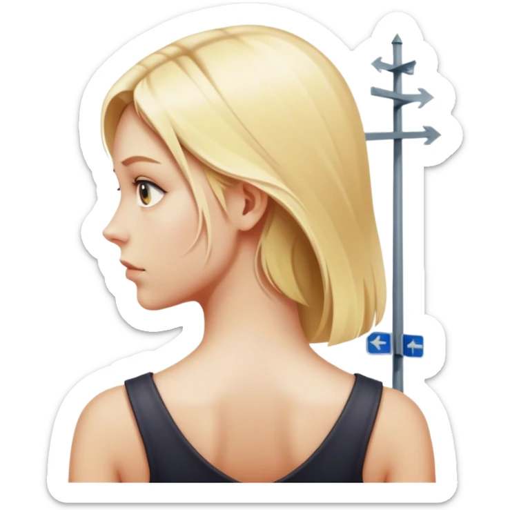 back of blonde woman stands In front at a crossroads between two paths—one illuminated, the other in shadow... scary and light  sticker