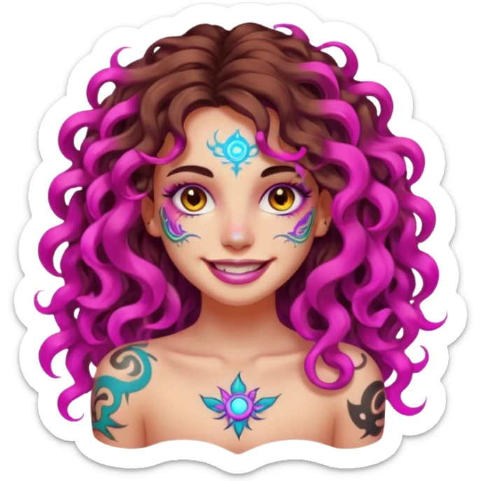 woman with long curly brown hair, brown eyes, white skin, tattoos, fake innocent smile with chaotic neon aura sticker