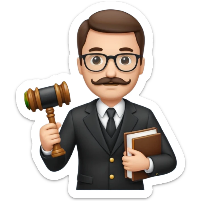 “Create a clean, modern emoji-style illustration of a male lawyer. He is wearing a formal suit jacket. He is holding a judge’s gavel (QUE SE VE DE COSTADO) in one hand and has a law book tucked under his arm. He has a mustache and a short beard, and GLASSES sticker