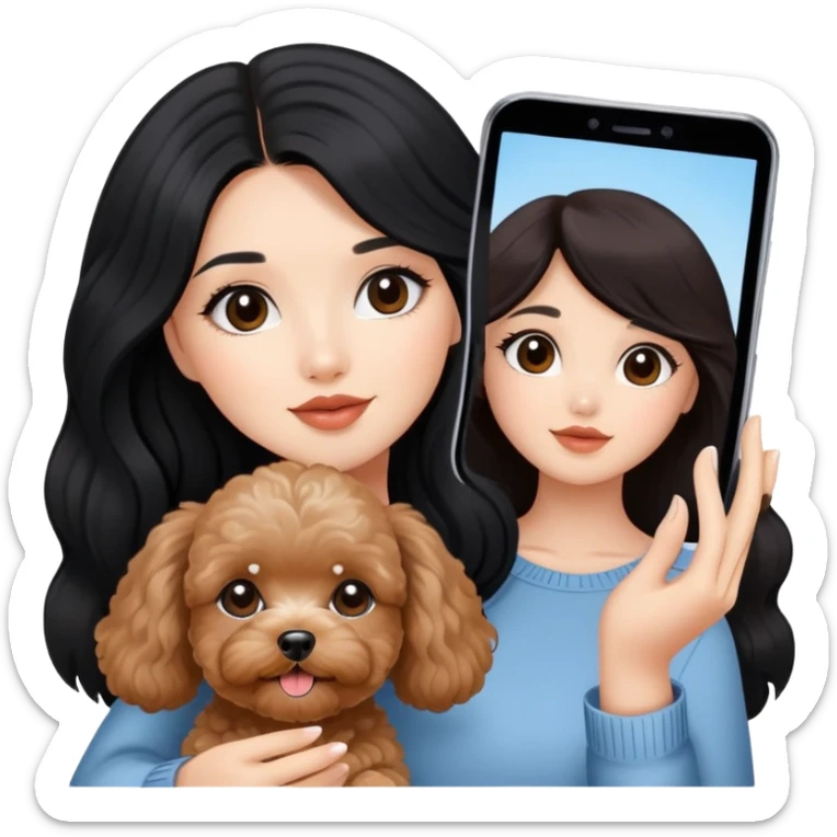 beautiful women with long black hair and  cute brown maltipoo taking a selfie  sticker