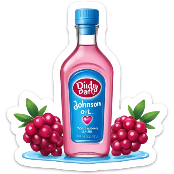 bottle of oil blue top pink outside with logo that says Diddy Party oil Johnson and Johnson  brand with a smiling berry on top sticker