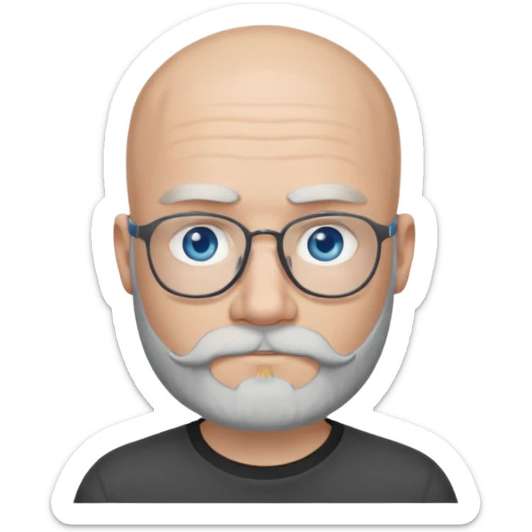 Bald man with blue eyes grey beard and moustache. Hipster. No glasses. Black T-shirt  sticker