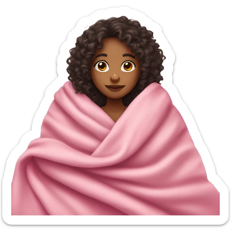 girl with curly dark hair and light skin cuddled in a pink blanket sticker