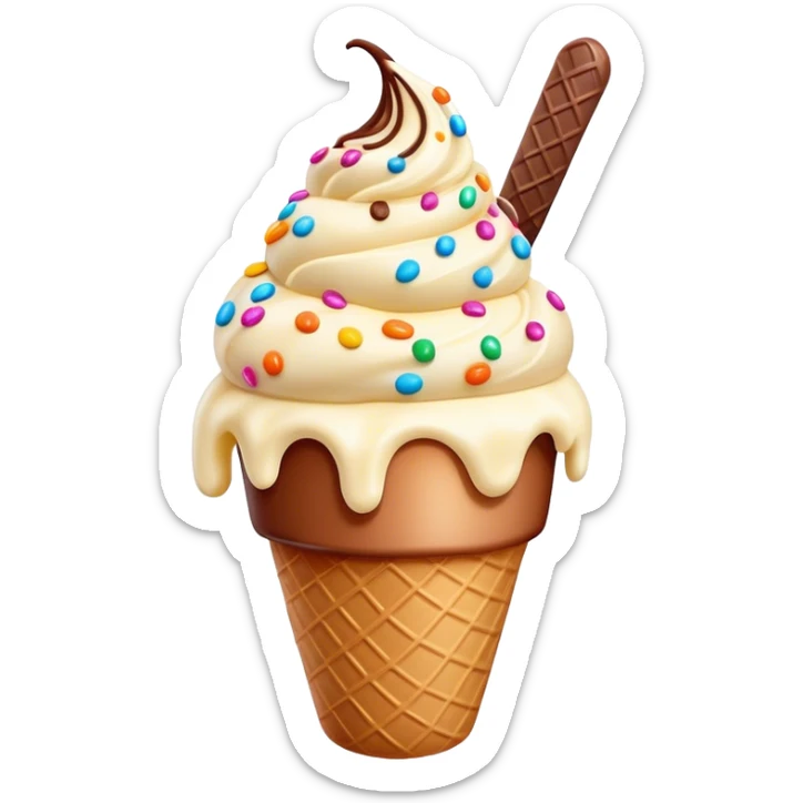 Cinematic scoop of rich, creamy ice cream, slightly melting, smooth swirls of chocolate and vanilla, colorful sprinkles on top, warm glowing background, playful and inviting. sticker