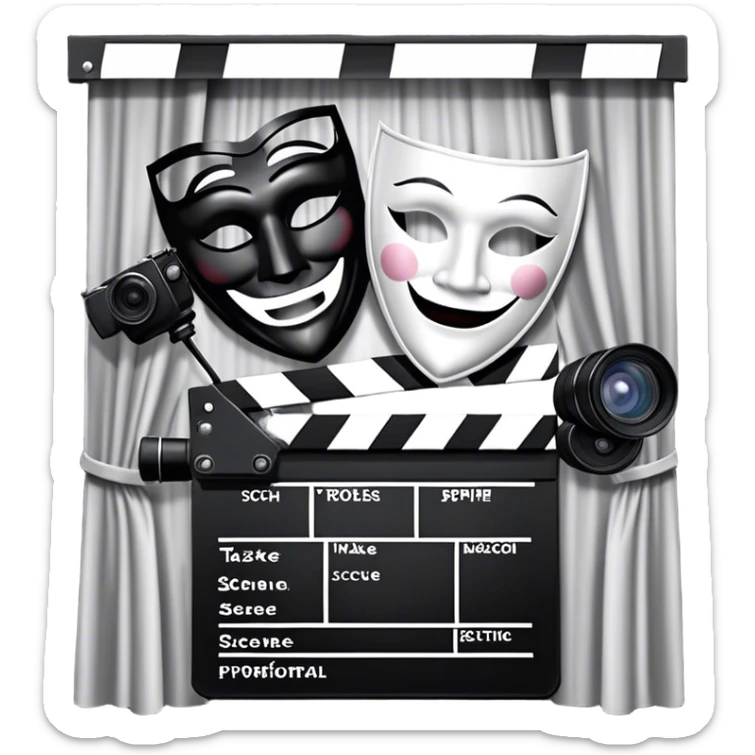 Icon for Acting in Theatre: a stage with curtains, a theater mask, a film camera, and a clapperboard. The design should represent theatrical performance and acting techniques. Transparent background. sticker