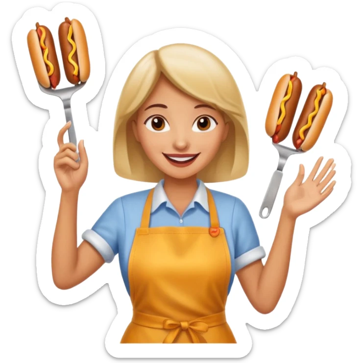 A cheerful woman selling hotdogs, waving a tongs in one hand. sticker