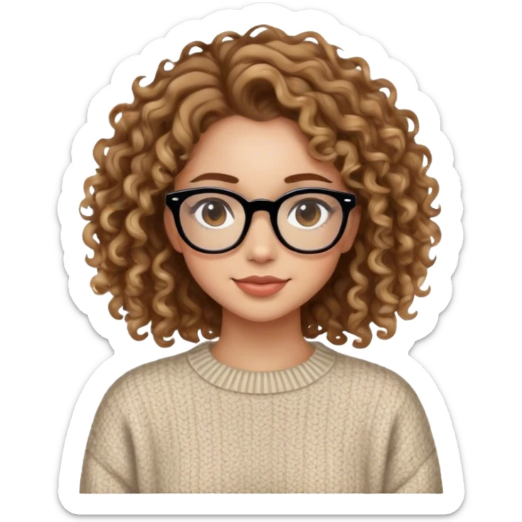 Girl with black glasses with light skin and light makeup and slight smile with brown curly hair with blond highlights in a stylish sweater sticker