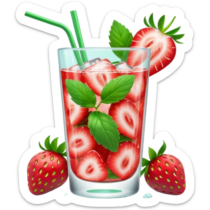 A 3D cartoon glass of strawberry mojito with mint leaves, ice cubes, and sliced strawberries, condensation on glass, bright lighting, Memoji-style realism. sticker