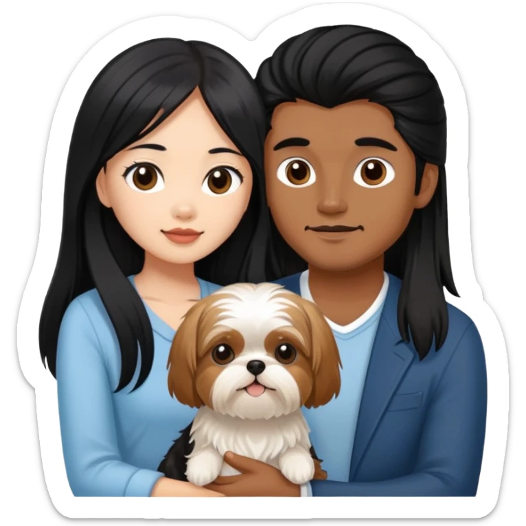 A beautiful Asian girl with long black hair is holding a Yorkshire Terrier. She is standing next to her brown skinned boyfriend, who is holding a Shih Tzu. They are each holding one dog each sticker