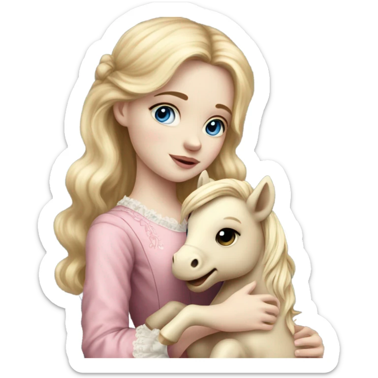 Blonde, pale skin, blue eyes girl wearing a pink dress cuddling her pony stuffed animal. She is from the Victorian era sticker
