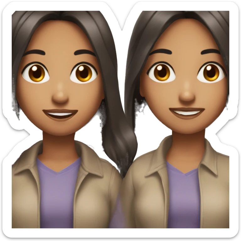 Two girls, one dark, brown eyes, long dark hair, beautiful. The second dark, bob, dark hair, visible teeth, not very beautiful sticker