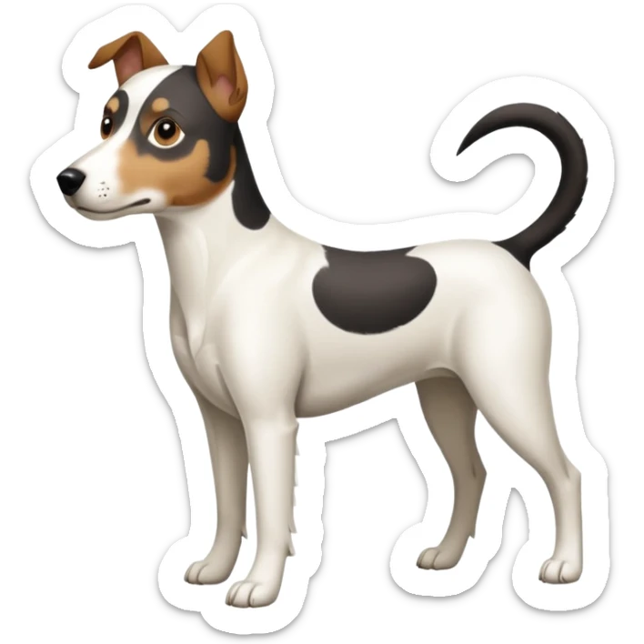 a full body large white parson russell looking dog the size of a kelpie with light brown ears and a light brown patch on one eye and a large snout sticker