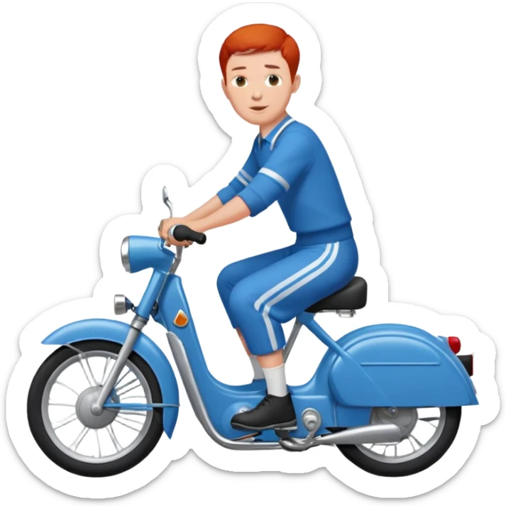 Un Solex 5000 de couleur blanche avec un homme aux guidon, habillé en bleu avec les cheveux courts et roux  sticker