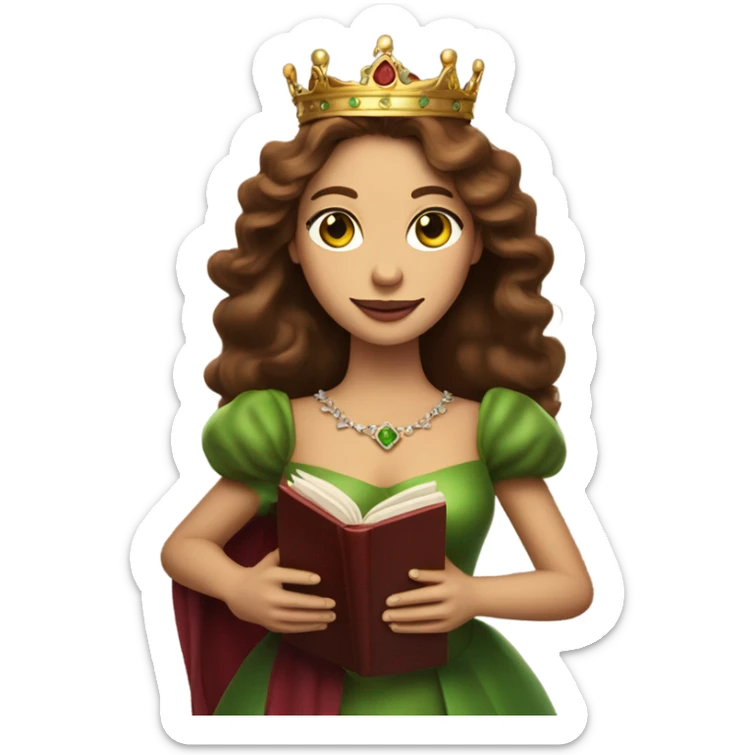 Queen wearing crown with long brown hair, and green eyes. Holding book and red wine sticker