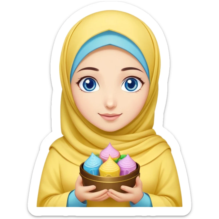 Turkish beautiful finish Konya girl blue eyes with lila yellow hijab islamic dress and had on her hand text Eid Mubarak with sweets and celebrating with her friends eid days   sticker